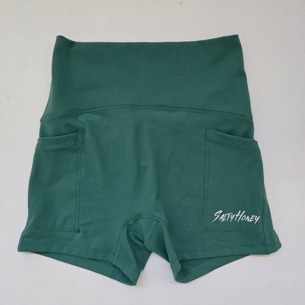 Salty Honey Athletic Shorts Womens Medium Green High Waisted Pockets Yoga Gym